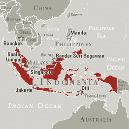 En rouge sont indiquées les régions les plus touchées par le terrorisme islamiste ou les mouvements nationaux insurrectionnels musulmans (Mindanao, sud de la Thaïlande).